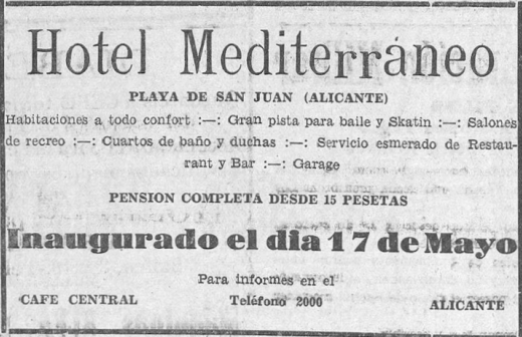 Playa San Juan_Anuncio Hotel Mediterraneo_Inaugurado en mayo de 1936